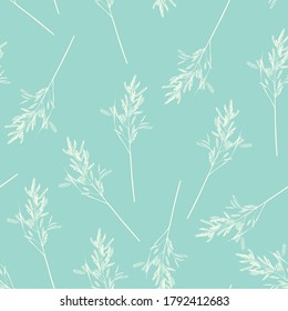 Seamless pattern with wild herbs and grasses.Thin delicate lines silhouettes of different plants. White line on bright blue vintage background
