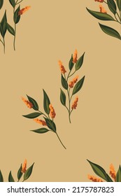 Seamless pattern with wild herbs in rustic style. Autumn floral print, retro style botanical background with hand drawn plants, small flowers, leaves on branches. Vector illustration.