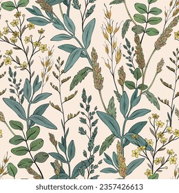 Seamless pattern with wild herbs, wheat spikelets