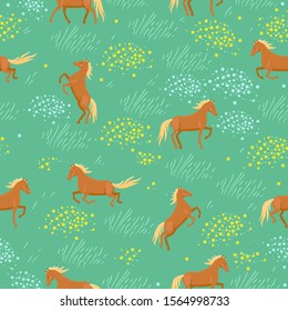 Seamless pattern of wild horses in the field. Vector graphics.