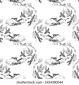 Seamless pattern of a wild hunt of fantasy creatures