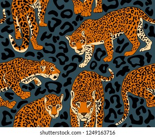 Seamless pattern with a wild Jaguars and drawing predatory skin. Textile composition, hand drawn style print. Vector illustration.