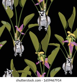 Patrón sin mar con el animal de lemur silvestre y la palmera de plátano. Textura tropical creativa para tela, envoltura, textil, papel pintado, vestimenta. Fondo de la ilustración vectorial.