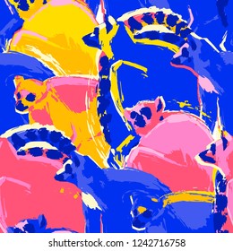 Seamless pattern of wild lemurs drawn in the abstract technique of rough brush. Vector exotic design in bright colors