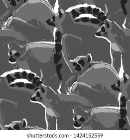 Seamless pattern of wild lemurs drawn in the abstract technique of rough brush. Vector exotic design in gray colors
