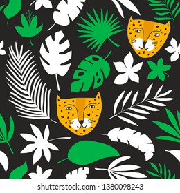 Seamless pattern with wild leopard hand drawn in childish style. Endless wallpaper of jungle flora and fauna. Vector illustration in trendy style.