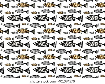 Seamless pattern with wild life colored fishes
