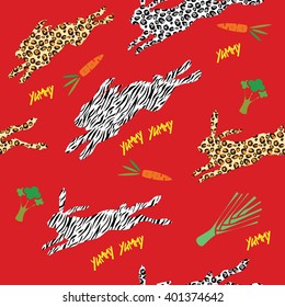 Seamless pattern with wild life skinned rabbits and vegetables