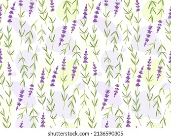 Seamless pattern with Wild lilac flowers and geometric spots. Lavender plant. Vector flat grass lavender Illustration. For wallpaper, print, textile, scrapbooking, cover desig. Medical plant