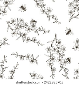 Seamless pattern with Wild Manuka Blossom and Bees