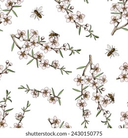 Seamless pattern with Wild Manuka Blossom and Bees