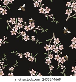 Seamless pattern with Wild Manuka Blossom and Bees