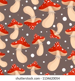 Seamless pattern of wild mushrooms, amanita on a brown background