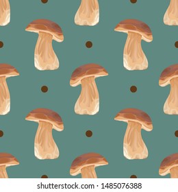 Seamless pattern with wild mushrooms. Autumn background. Wallpaper, print, packaging, paper, textile design. Vector illustration.