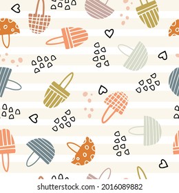 Seamless pattern with wild mushrooms. Autumn set for the design of fabrics, clothing, dishes, wallpaper, kitchen. Doodle style. Cute children's print with mushrooms.