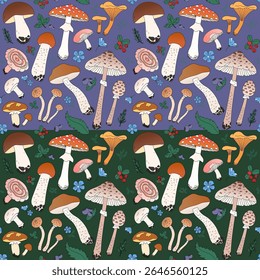 Seamless pattern of wild mushrooms, boletus, fly agaric, champignon, chanterelles, coral milky cap. Berries of the forest, cranberries and blueberries, green leaves and twigs. Vector illustration