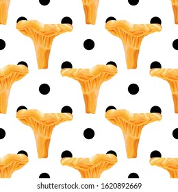Seamless pattern with wild mushrooms. Mushroom chanterelle. Wallpaper, print, packaging, paper, textile design. Vector illustration.