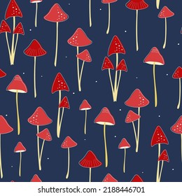 Seamless pattern with wild mushrooms. Natural abstract floral print with fly agarics, toadstools. Vector graphics.