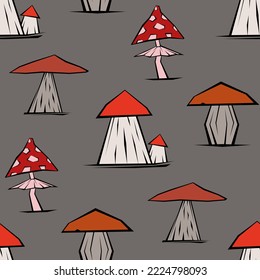 seamless pattern with wild mushrooms. mushrooms with red caps on a gray background. vector textile pattern.