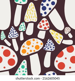 Seamless pattern with wild mushrooms and toadstools. Vector illustration in a flat style
