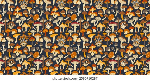 Seamless pattern with wild mushrooms. Vector illustration on background. Autumn harvest. Illustration in flat style.