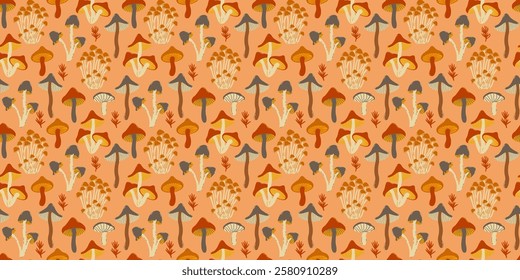 Seamless pattern with wild mushrooms. Vector illustration on background. Autumn harvest. Illustration in flat style.