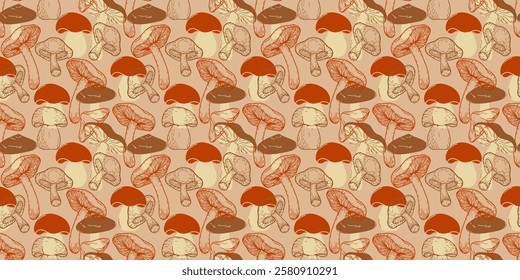 Seamless pattern with wild mushrooms. Vector illustration on background. Autumn harvest. Illustration in flat style.