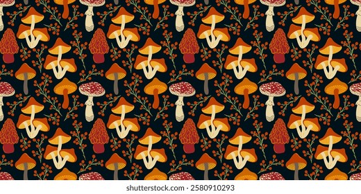 Seamless pattern with wild mushrooms. Vector illustration on background. Autumn harvest. Illustration in flat style.