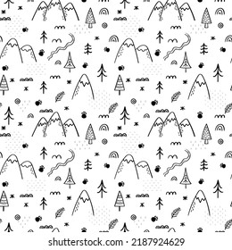 Seamless pattern with wild nature design. Hand drawn background. Scandinavian style. Woodland life. Vector illustration