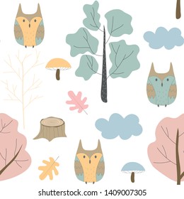 Seamless pattern with wild nature, forest and the owl. Vector design, children's illustration.