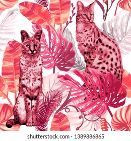 Seamless pattern with Wild pink cats and tropical leaves. 