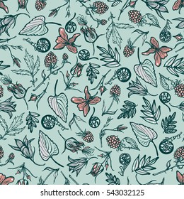 Seamless pattern with wild plants, berries, flowers. Botanical background. Cloudberry, violet, Geum Rivale, ferns, bluebells. Spring theme. Hand drawn. Vector illustration.