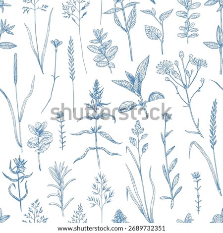 Seamless pattern with wild plants and flowers, vector illustration in engraving toile de jouy style.