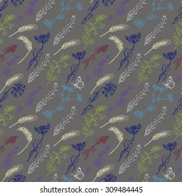 Seamless pattern with wild plants on a gray background. Vector illustration for your design