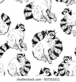 Seamless pattern with wild Ring-tailed lemur, vector Illustration 