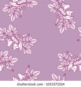 Seamless pattern with wild rose bouquet on pastel lilac background. Hand drawn vector illustration.