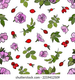 Seamless pattern with wild rose branch, leaf, flower and berry.