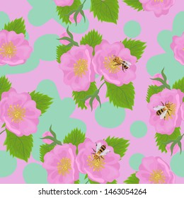 Seamless pattern with wild rose flowers and bees. Vector graphics.