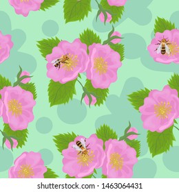 Seamless pattern with wild rose flowers and bees. Vector graphics.