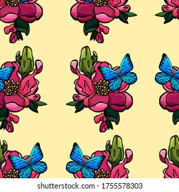 Seamless pattern of wild rose flowers and blue butterflies, wallpaper, gift paper, flowers, butterflies, cartoon style, yellow background, stamens, bloom, for women, floristry, spring, summer, gift