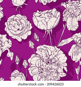 Seamless pattern with wild rose and iris