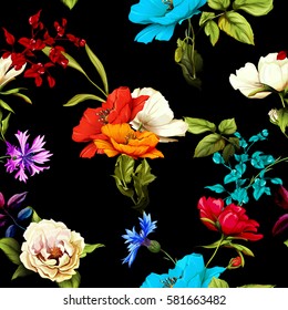 Seamless pattern of wild rose, poppy flowers and cornflowers with leaves on black. Hand drawn. Vector stock.