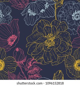 Seamless pattern of wild roses and anemones blossom branch isolated on white. Vintage botanical hand drawn illustration. Spring flowers . Vector design
