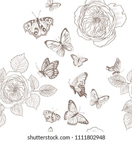 Seamless pattern of wild roses blossom branch and butterfly. Vintage botanical hand drawn illustration. Spring flowers of garden rose, dog rose. Vector design