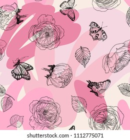 Seamless pattern of wild roses blossom branch. Linear drawing on spring color back. Summer botanical hand drawn illustration. Spring flowers of garden rose, dog rose. Vector design