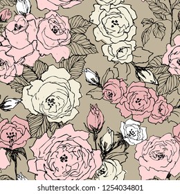 Seamless pattern of wild roses blossom branch isolated on brown. Hand drawn blossom branches with white, creme, pink silhouette and linear contour. Vintage botanical hand drawn illustration. Spring