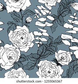 Seamless pattern of wild roses blossom branch isolated on dark blue. Vintage botanical hand drawn illustration. Spring flowers of garden rose, dog rose. Vector design