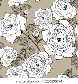 Seamless pattern of wild roses blossom branch isolated on brown. Hand drawn blossom branches with white silhouette and linear contour. Vintage botanical hand drawn illustration. Spring flowers of