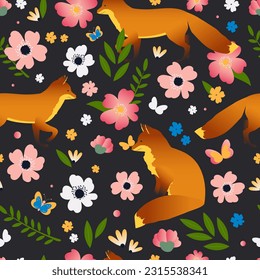 Seamless pattern with wild roses, butterflies and hand drawn foxes. Wild animals in the forest with wild rose for fabric, textile. Vector.