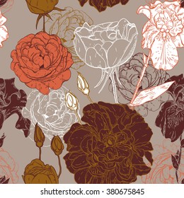 Seamless pattern with wild roses and irises